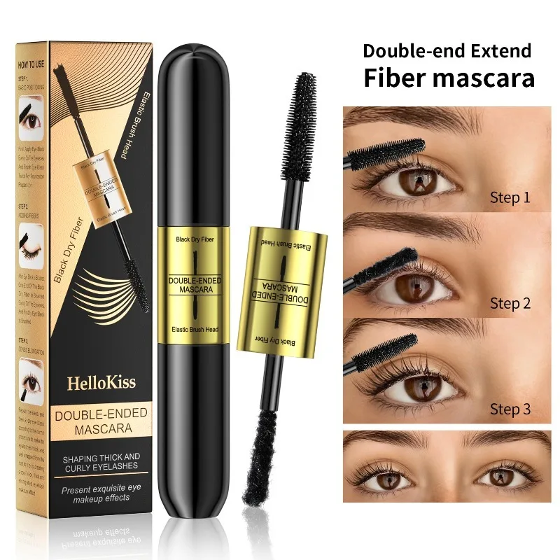 Máscara de pestañas negra de injerto de fibra 2 en 1 de doble punta, resistente al agua y a prueba de manchas, voluminizadora para pestañas rizadas de larga duración, cosmético para ojos