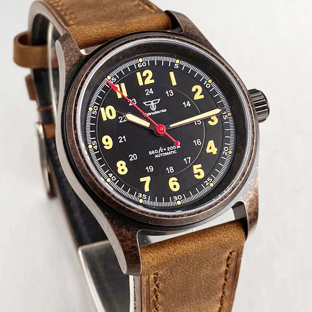 Tandorio 36mm New Unique Copper Plating Pilot Style Diving Men Watch With Japan NH35 Auto Movement 20ATM Sapphire Glass Luminous