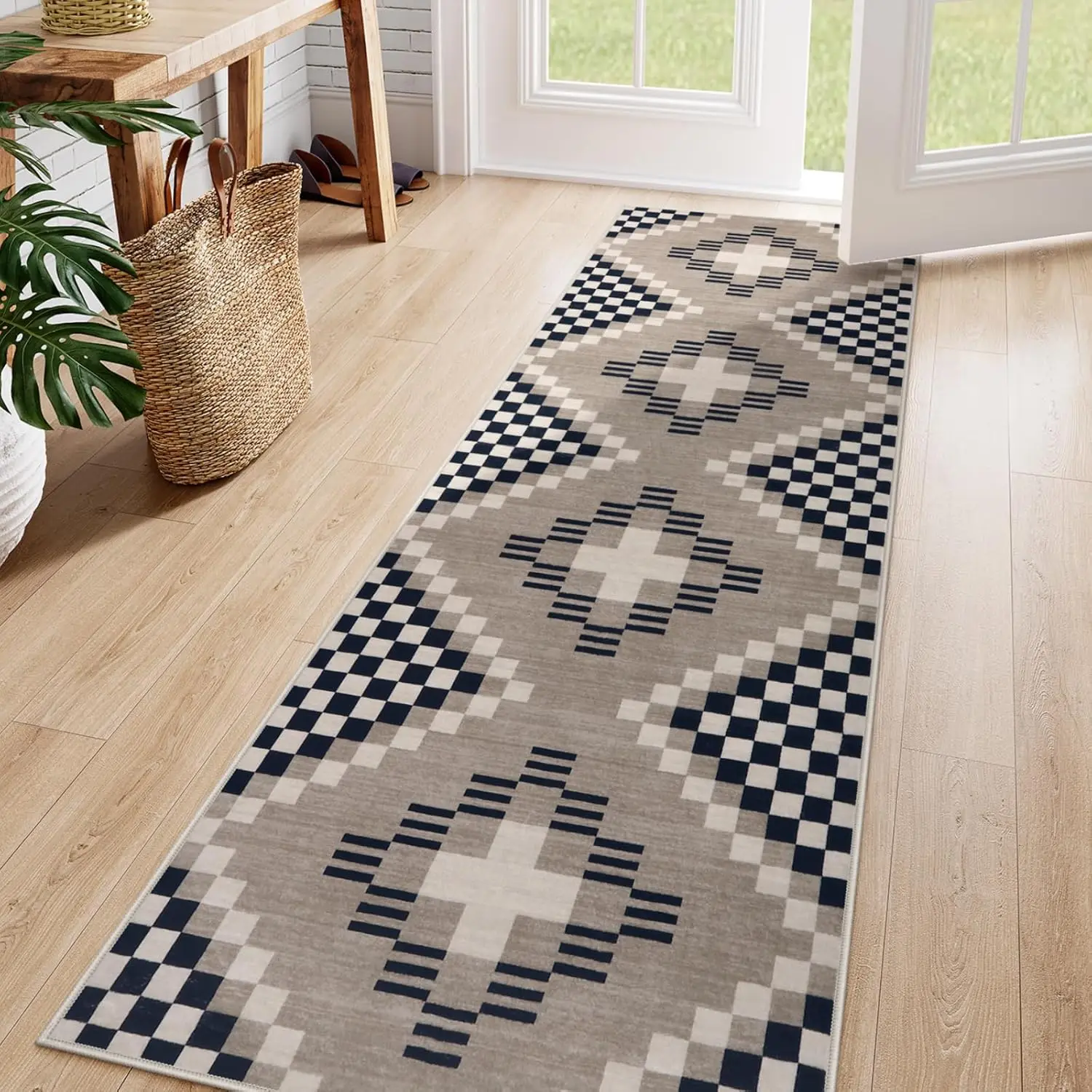 Checkered Carpet Runners for Hallway Black Non Slip Washable Kitchen Runner Rug Ultra Thin Stain Resistant 2x6 Rug for Entryway