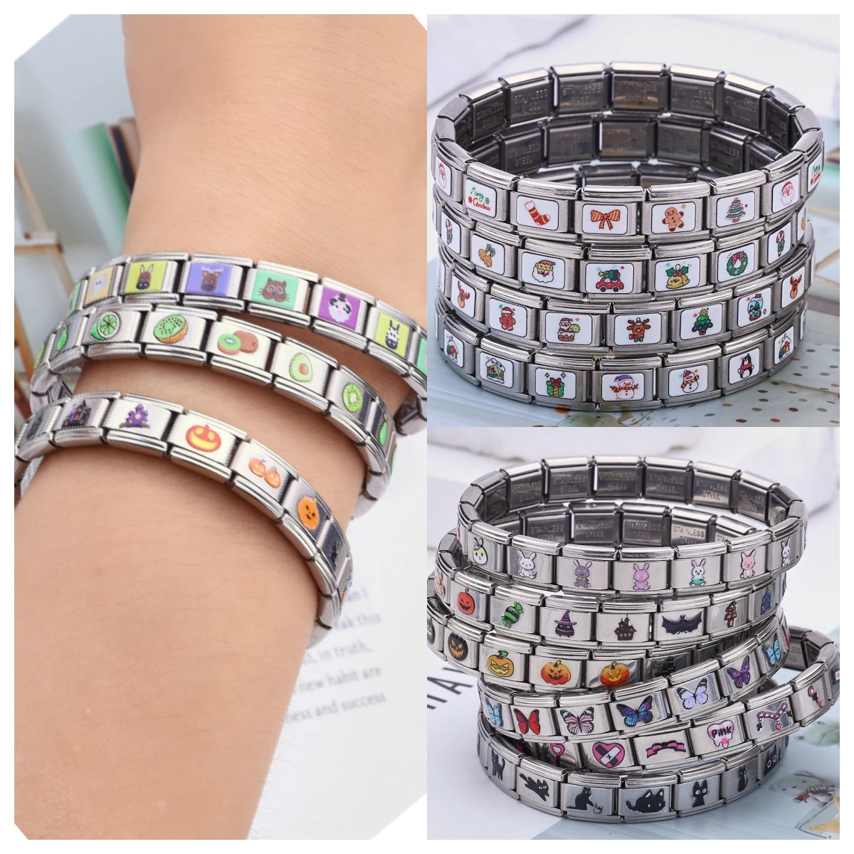 New Artistic Pattern Element Mix-color Italian Charms link Stainless Steel Module Bracelets for Woman Men DIY Fashion Jewelry