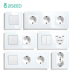 BSEED EU Standard Wall Button Switch 1/2/3Gang 1Way Wall Power Socket Glass Frame Mechanical Switches Home Improvement