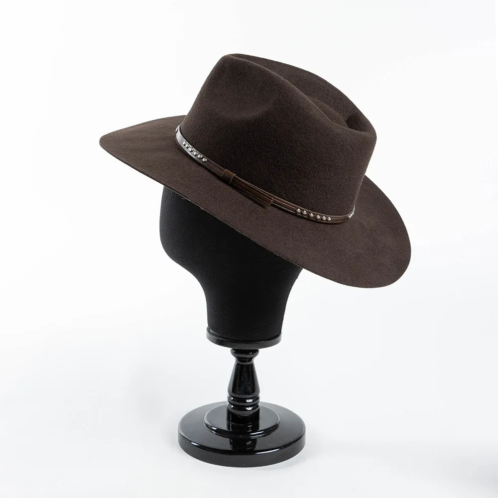 100% Wool Large Head Size Panama Jazz Hats For Men Women Caps Wide Brim Western Cowboy Rivet Decoration Warm Top Hat Fedora cap