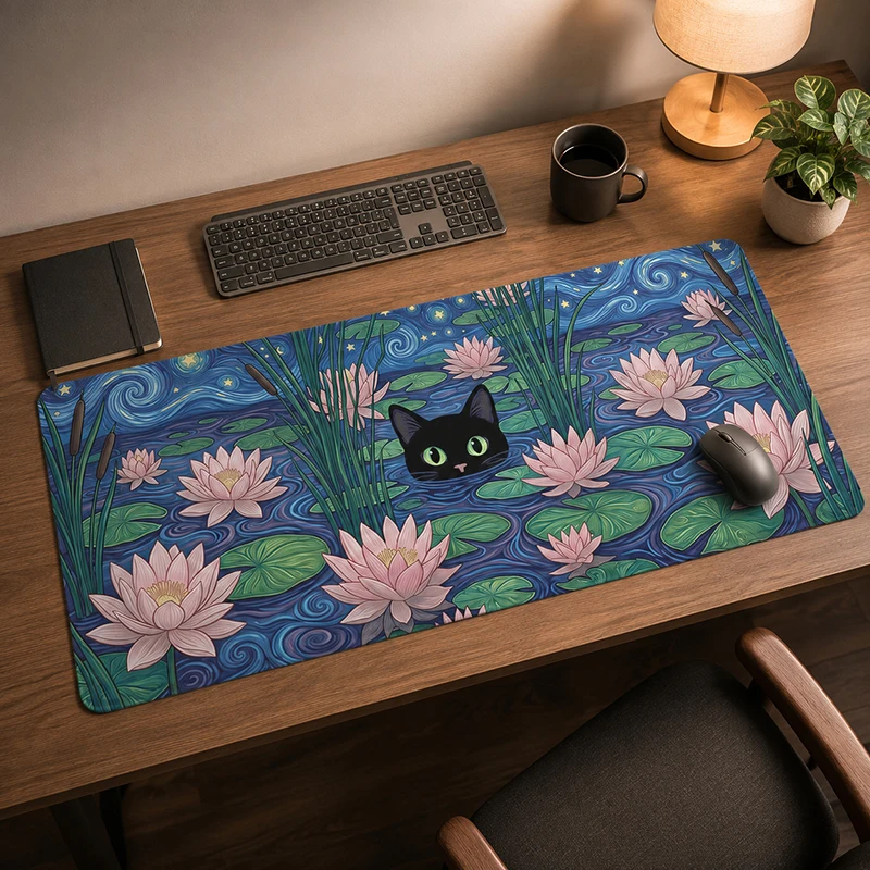 Mouse Pad Gamer Pink Lotus And Black Cat XL Custom Computer Mousepad XXL Mechanical Keyboard Pad Non-Slip Office Natural Rubber
