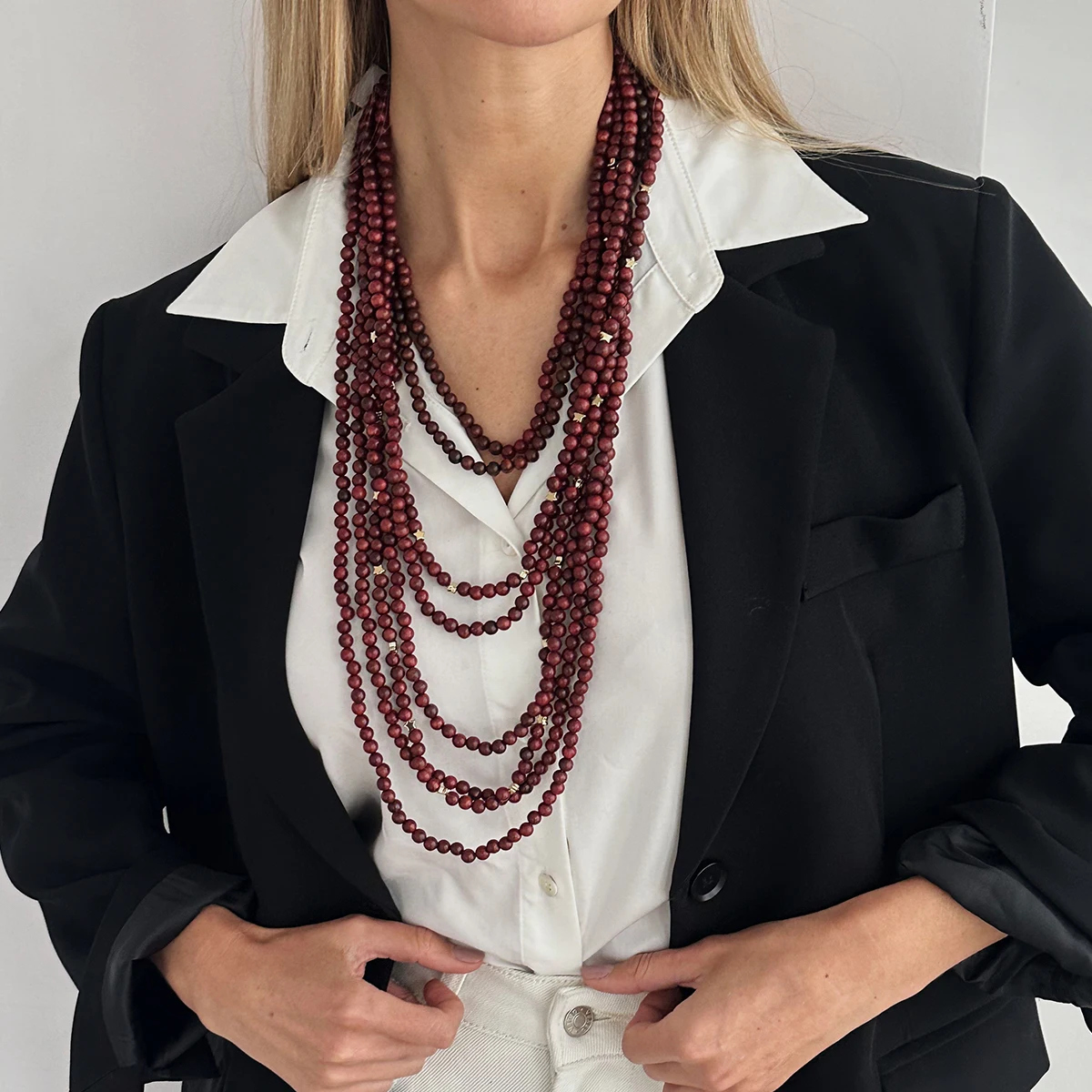 

KunJoe Luxury Multi Layered Stacked Wooden Beaded Chokers Necklace Women Vintage Sweater Chain Accessories Jewelry on the Neck