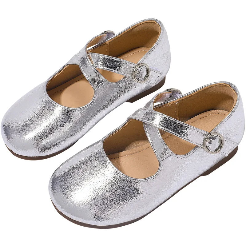 Girls Mary Jane Shoes New 2024 Spring Fashion Cross Strap Ballet Shoes Kids Sliver Princess Flats Children Soft Sole Size 24-35