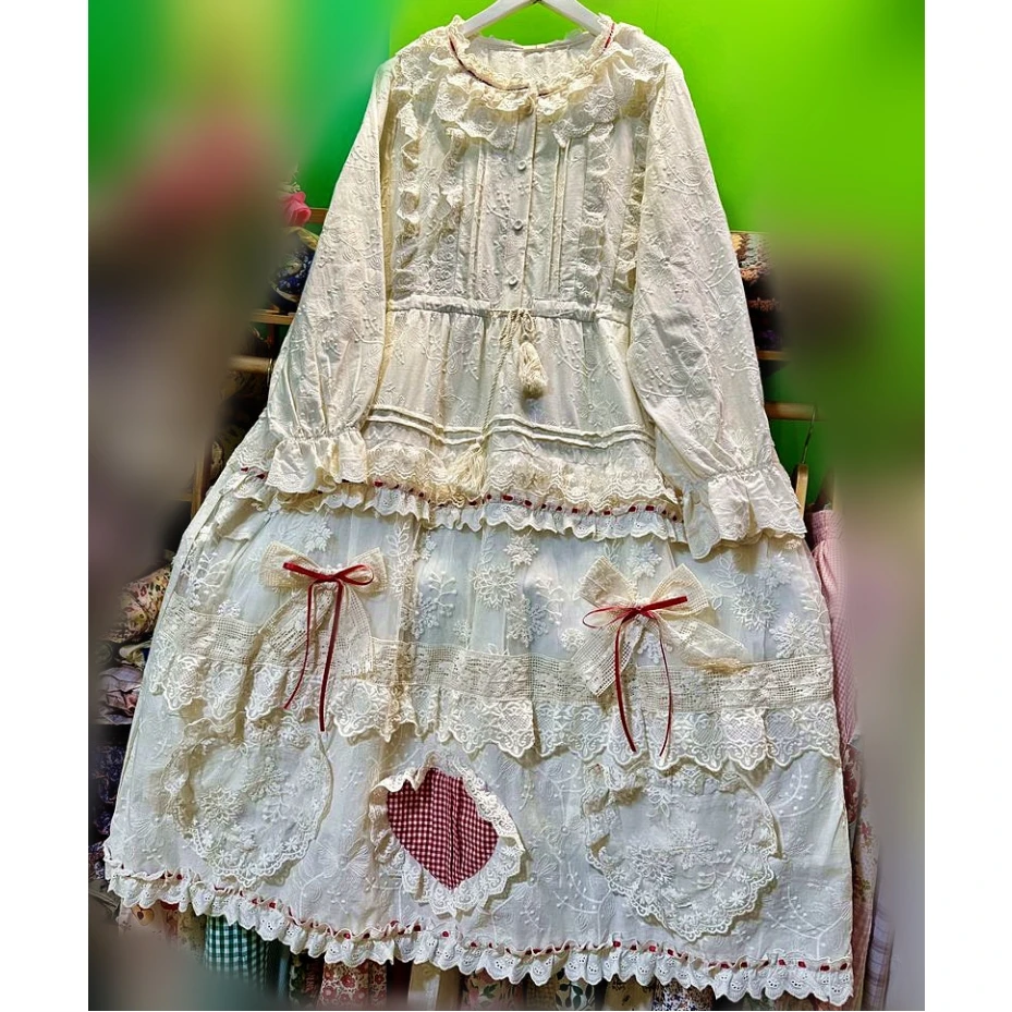 

Women Korean Sweet Bow Ruffled Heart Vintage Long Dress 2026 Lolita Mori Girl Cute Japanese Harajuku Rococo Victorian Midi Dress
