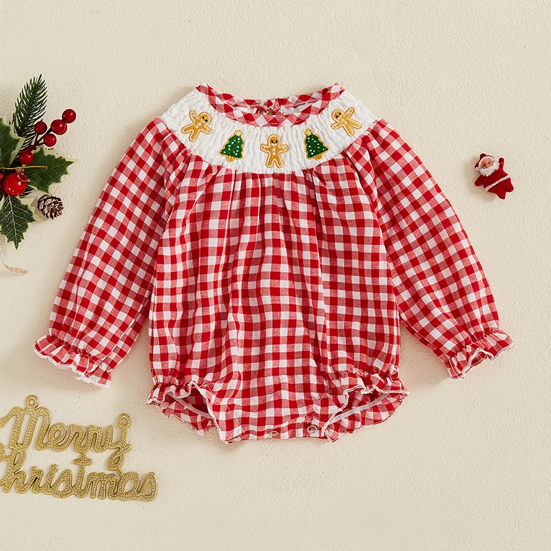 2024-08-21 Lioraitiin 0-3Y Baby Girl Boy Christmas Plaid Print Romper Crew Neck Long Sleeve Embroidery Bubble Jumpsuit