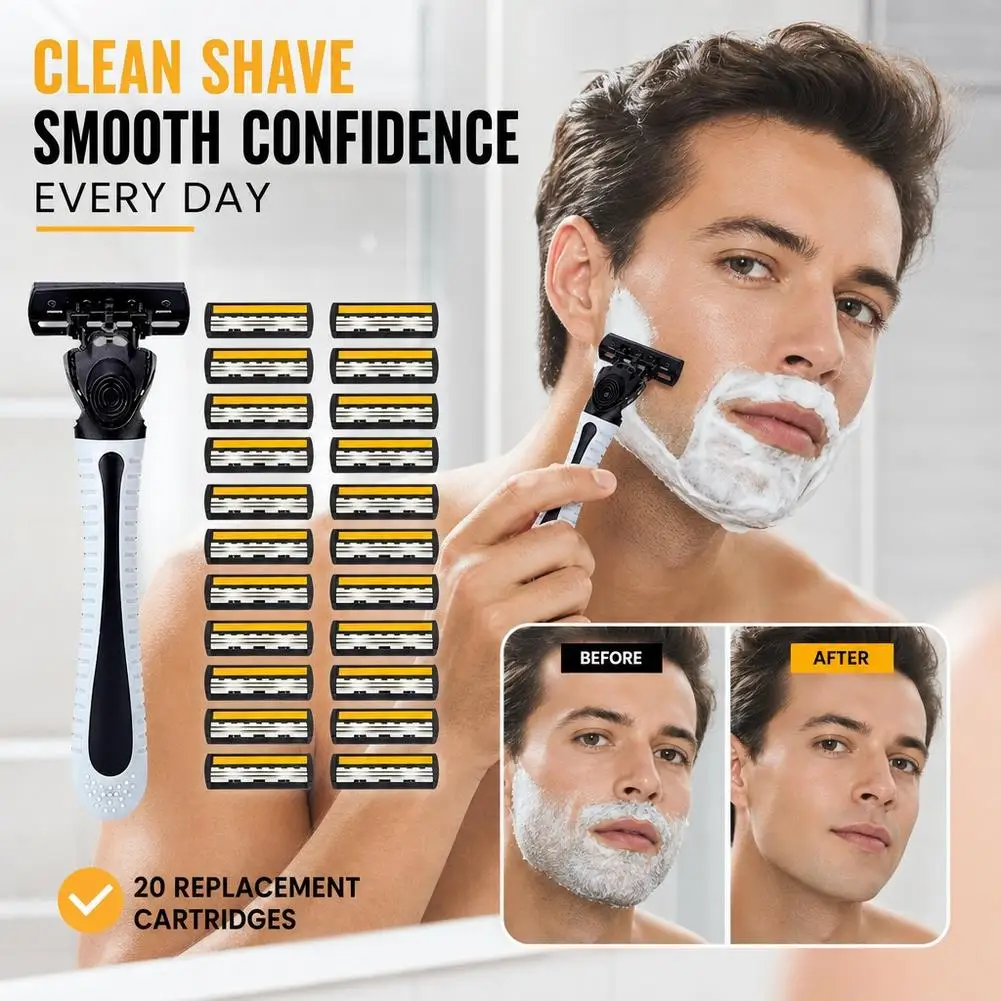 Men Manual 3 Layer Blade Razor Set Anti Slip Handle With Replacement Razor Heads Portable Safety Shaving Razor For Facial Beard