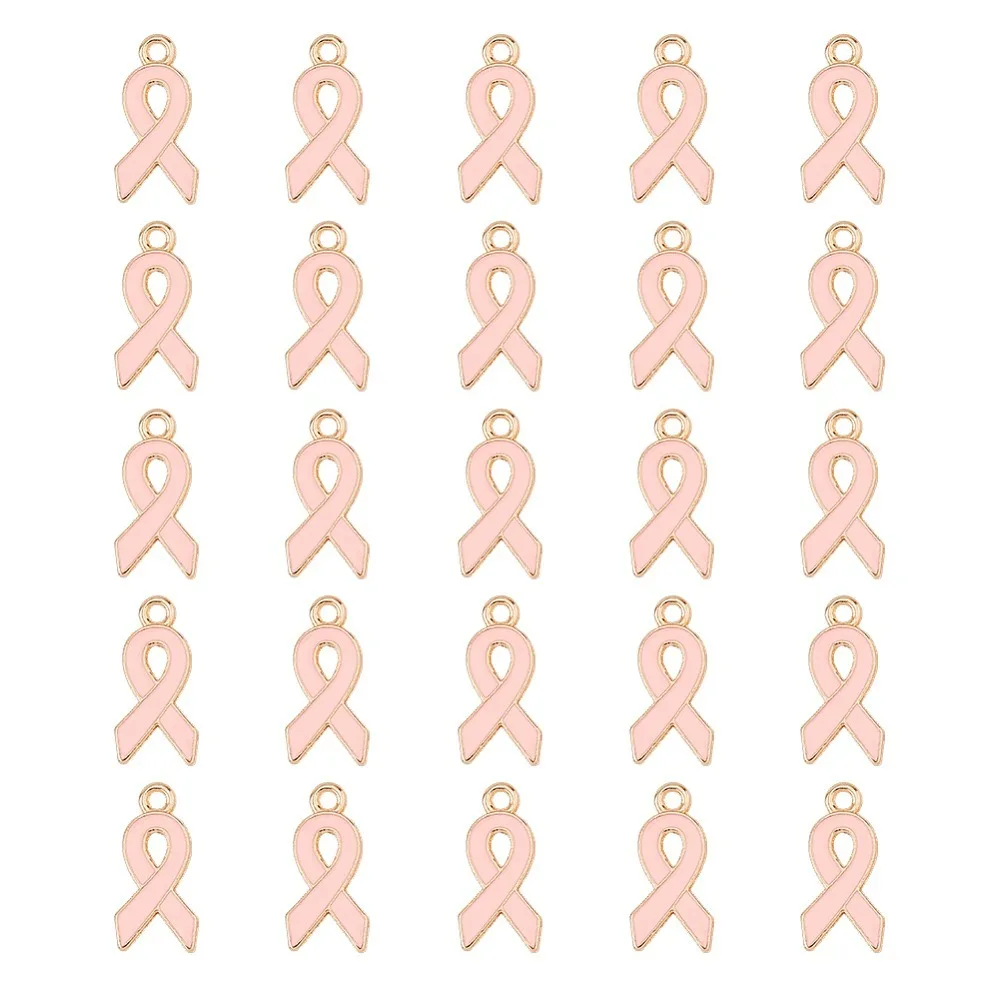 60 piezas de colgantes de cinta rosa para concienciación sobre el cáncer de mama, colgantes de cinta esmaltados con anilla de aleación para collares y pulseras