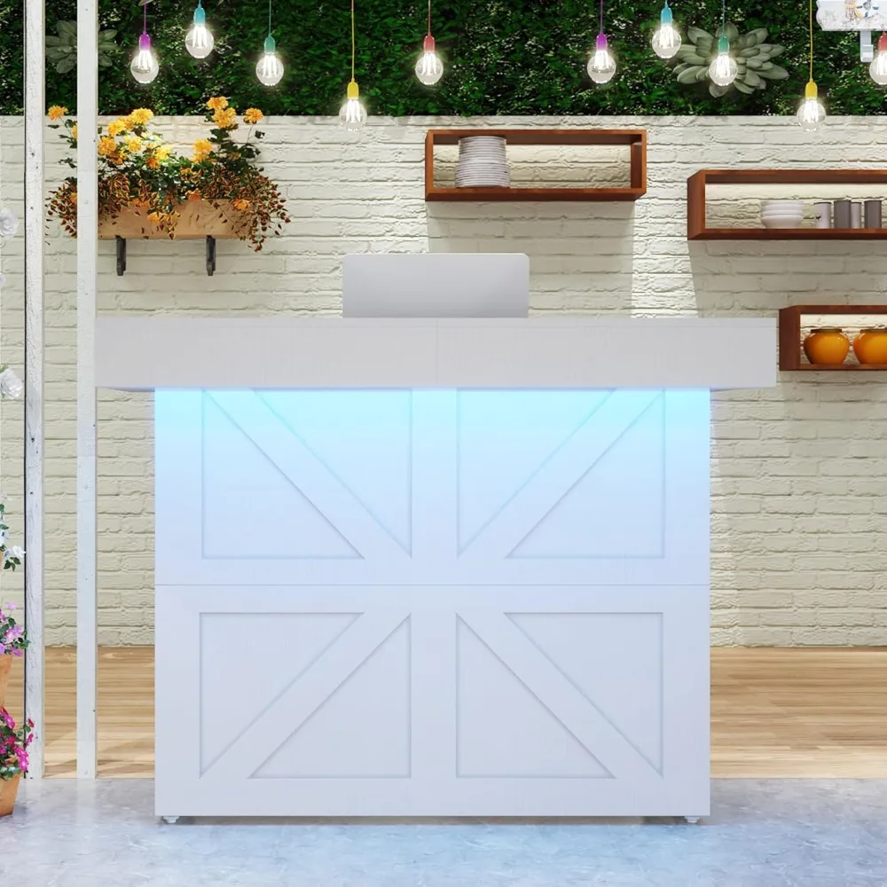Mesa de recepção com balcão, recepção de 55 polegadas com luz LED e ilhós de cabo, mesa de balcão de checkout moderna para escritório