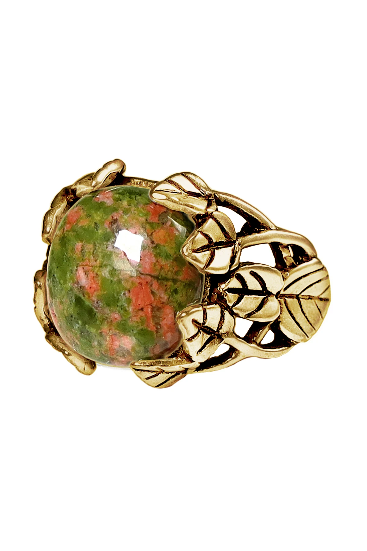 

Antique Gold Garden Ring Hand Carved Crafts Gemstone Unakite Ring Jewelry Gifts for Women Men