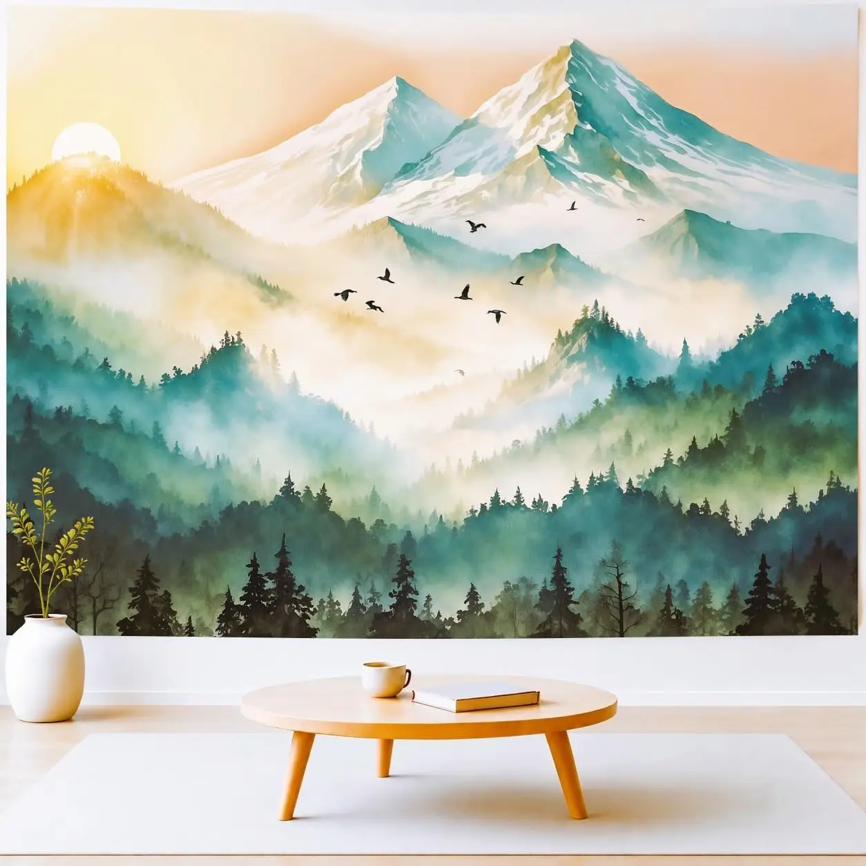 Tapestry Wall Wall Tapestry for Bedroom Mountain Boho Misty Sunset Forest Tree Sunrise Nature Landscape Psychedelic Head