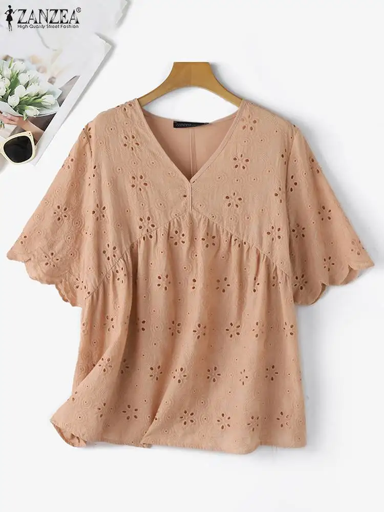 ZANZEA Elegant Women V Neck Lace Crochet Blouse Summer Tops Stylish Half Sleeve Holiday Blusas Tunic Femme Bohemain Party Shirt