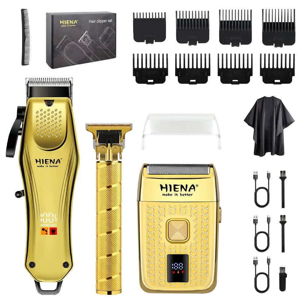 Set de Cortadora de Pelo Profesional 3 en 1 HIENA con Recortadora, Afeitadora, Capa de Barbero y Pantalla LCD