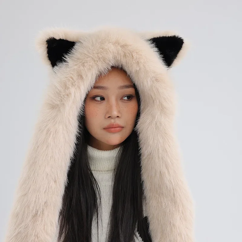 Women Winter Faux Fox Fur Scarf Fur Wrap Girls Outdoor Earflap Cap Neckerchief Fluffy Warm Beanie Hat Bomber Hats Snow Ski Cap