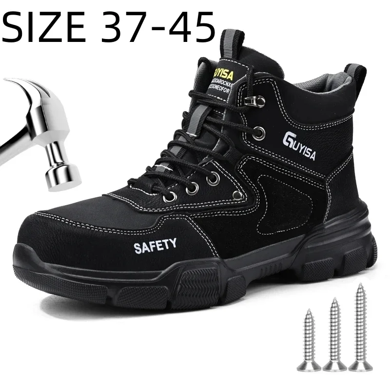 GUYISA Men Safety Shoes Steel Toe Ultra Lightweight High Cylinder Black Anti Smashing and Anti Stabbing Safety Boots Size 37-45