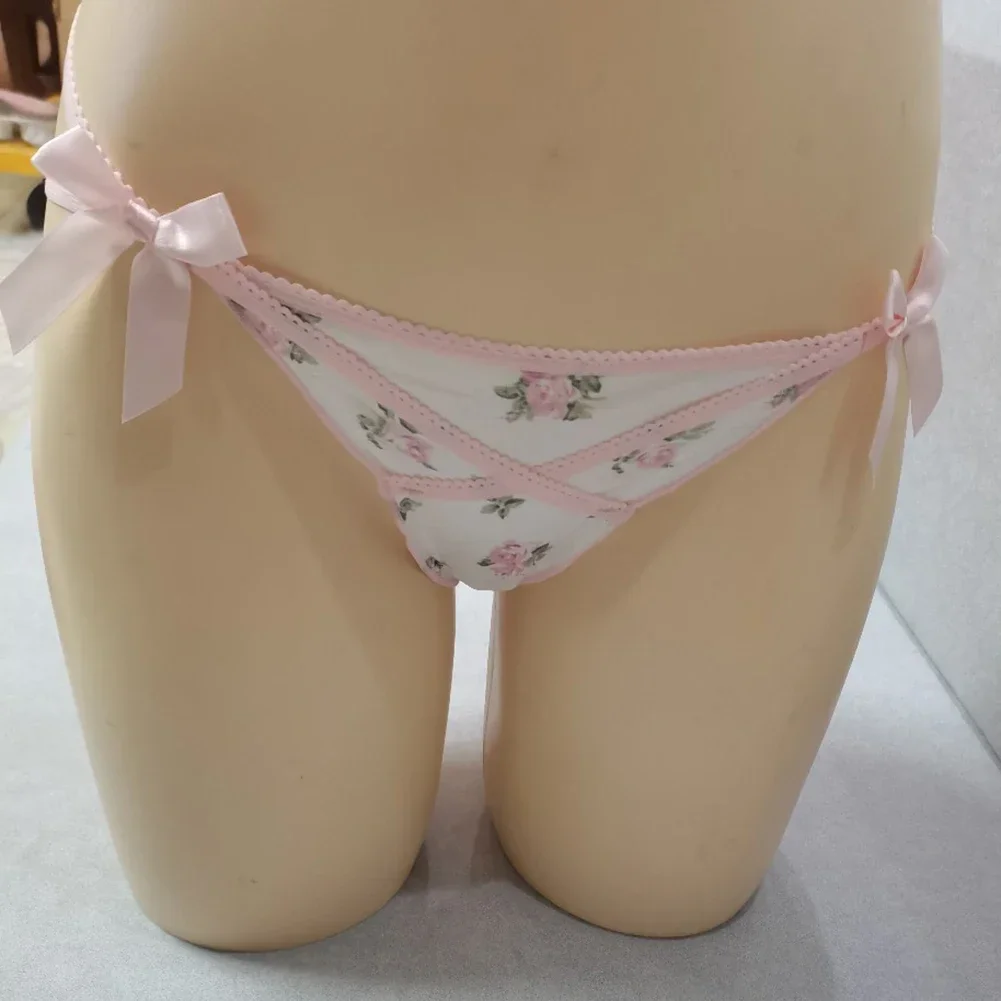 Ruffled Lovely Sweet Girl Thong Briefs Smooth Satin Panties Floral Printed T-back Underwear Bow Cross Strap Low Rise Underpants