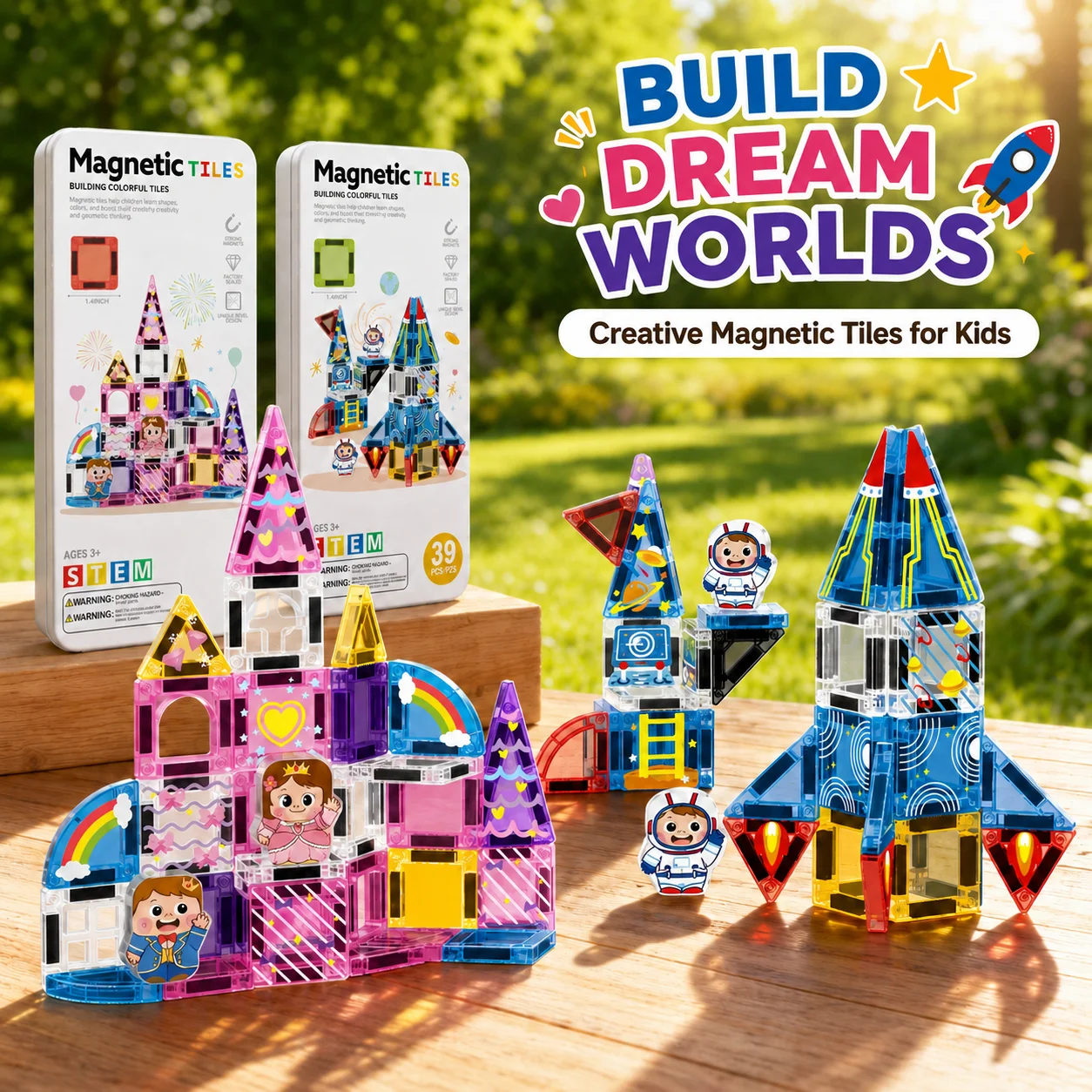 Magnetic Tiles Sheet Six Style Theme Animal World Castle Rocket Building Blocks Iron Box Model Educational Children's Toys Gifts