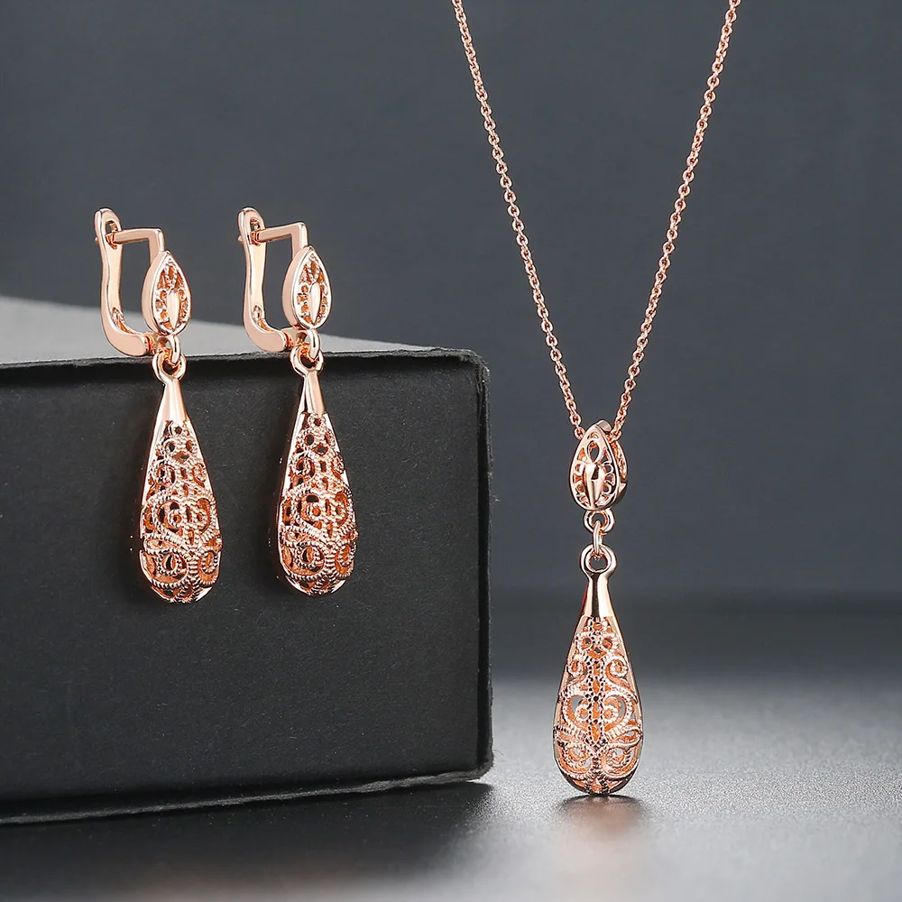 Classic Hollowed-out Water Drop Rose Gold Color / Sivler Color Fashion Jewelry Sets Necklace+Earring ZYS381 ZYS382