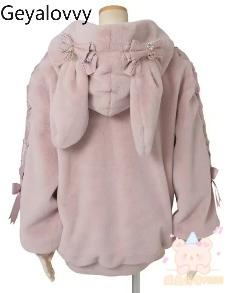 

Сплошная куртка с капюшоном и бантом из кроличьих ушей, новая зимняя одежда на шнуровке Mass-Production, универсальное плюшевое толстое пальто на молнии