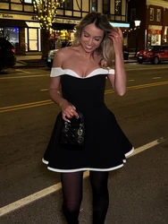TARUXY Sexy Tube Top Gown Dress For Women Slim Contrast Color Mini Dresses Elegant Backless One-Shoulder Clothes Female Chic