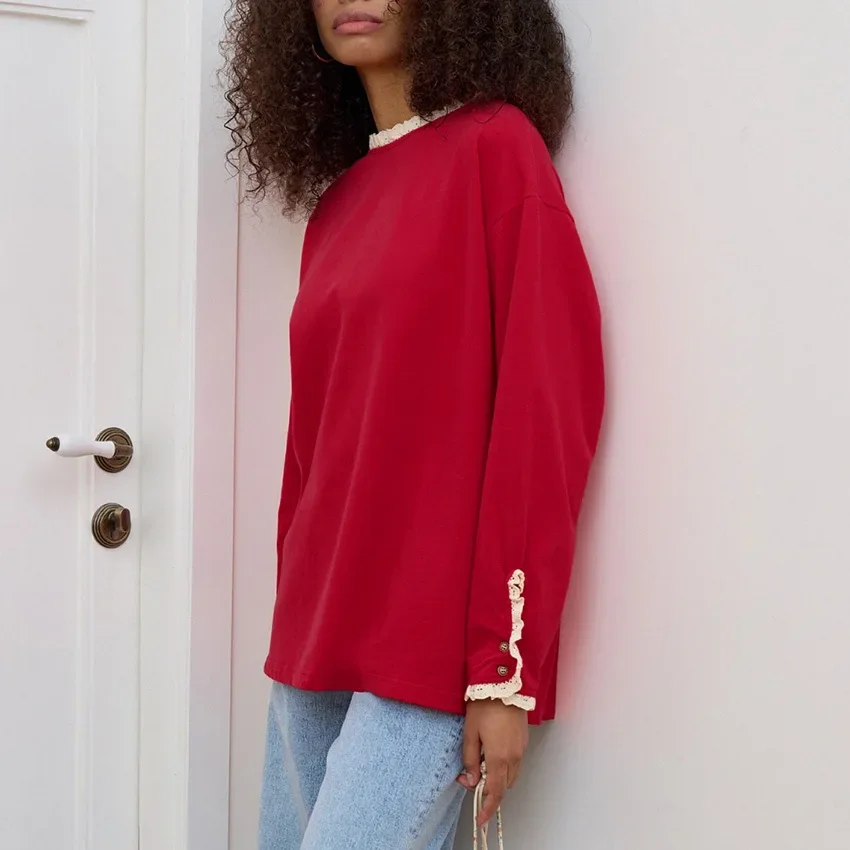 بلوزات نسائية غير رسمية بأكمام طويلة باللون الأحمر مع قلنسوة للخريف والشتاء بلوزات كبيرة الحجم من الدانتيل بلوفر نسائي ملابس يومية #3