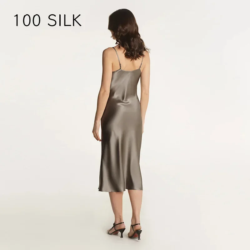 100% Silk V-neck Midi Dress Women Sleeveless Sling Dresses Summer Female Sexy Fishtail Dress Camisole Homewear Slip Nightdress