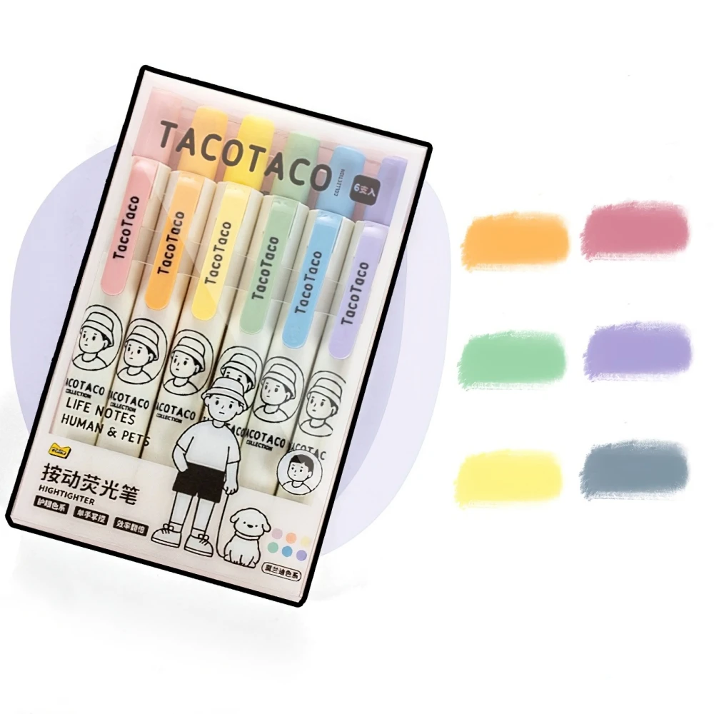 6pcs Taco Color Highlighter Pens Set Cartoon Knock Type Art Marker for Drawing Painting F7592