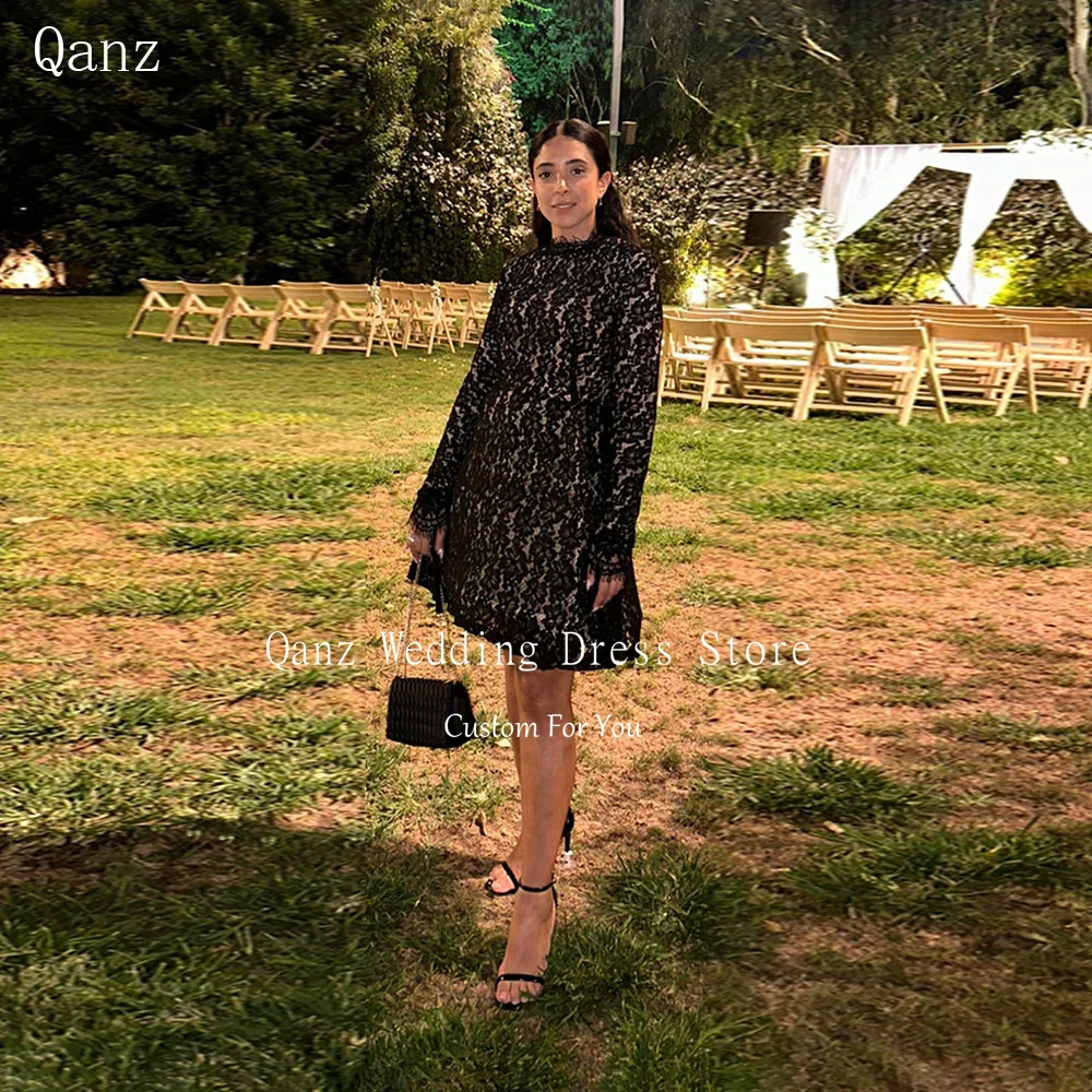 

Qanz Delicate Lace Long Sleeves Prom Dresses High Neck Black Mini Birthday Dresses Luxury 2026 Short Vestido De Gala Customized