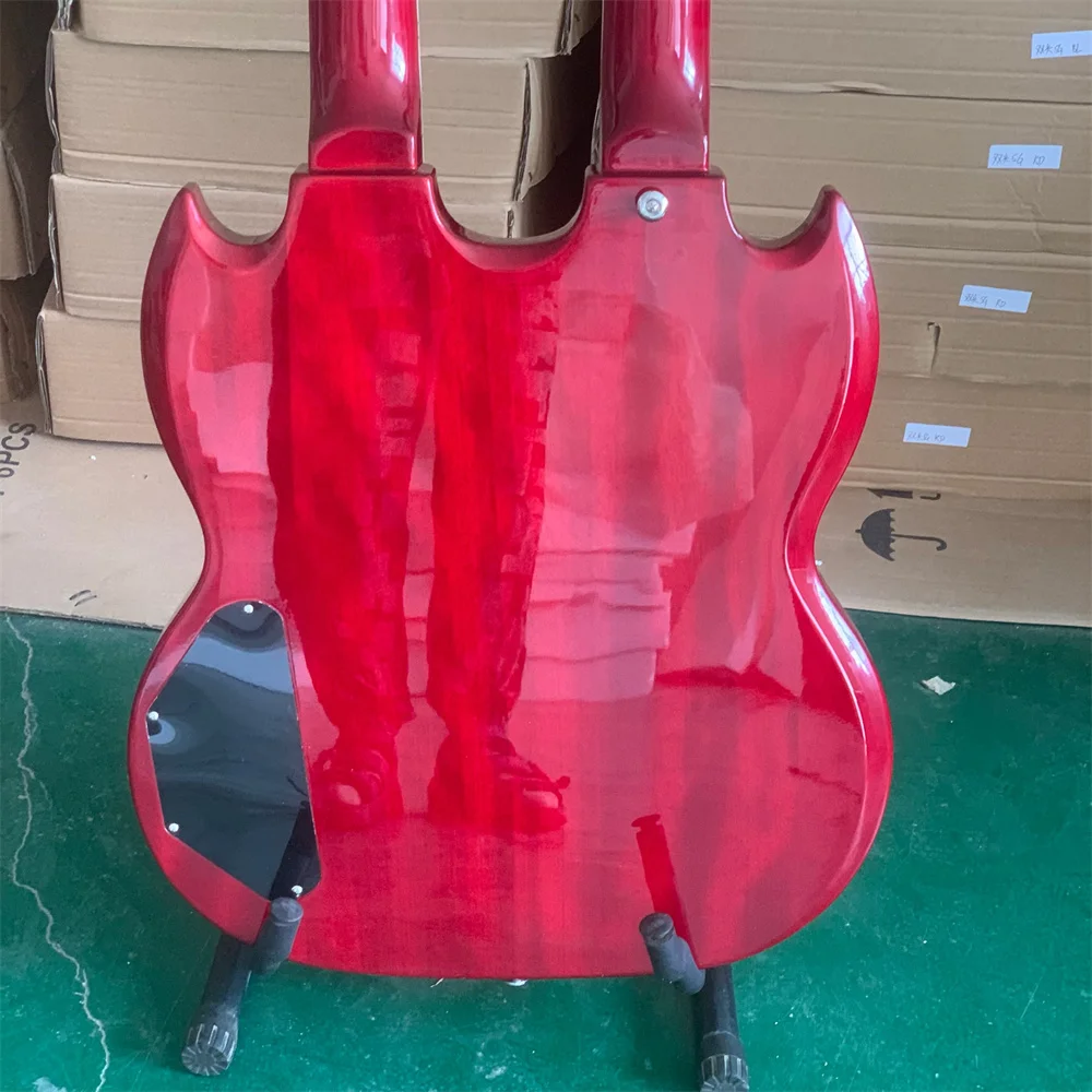 Free Shipping Top Transparent Red Solid Chrome Plated 12/6 String Double Neck Electric Guitar