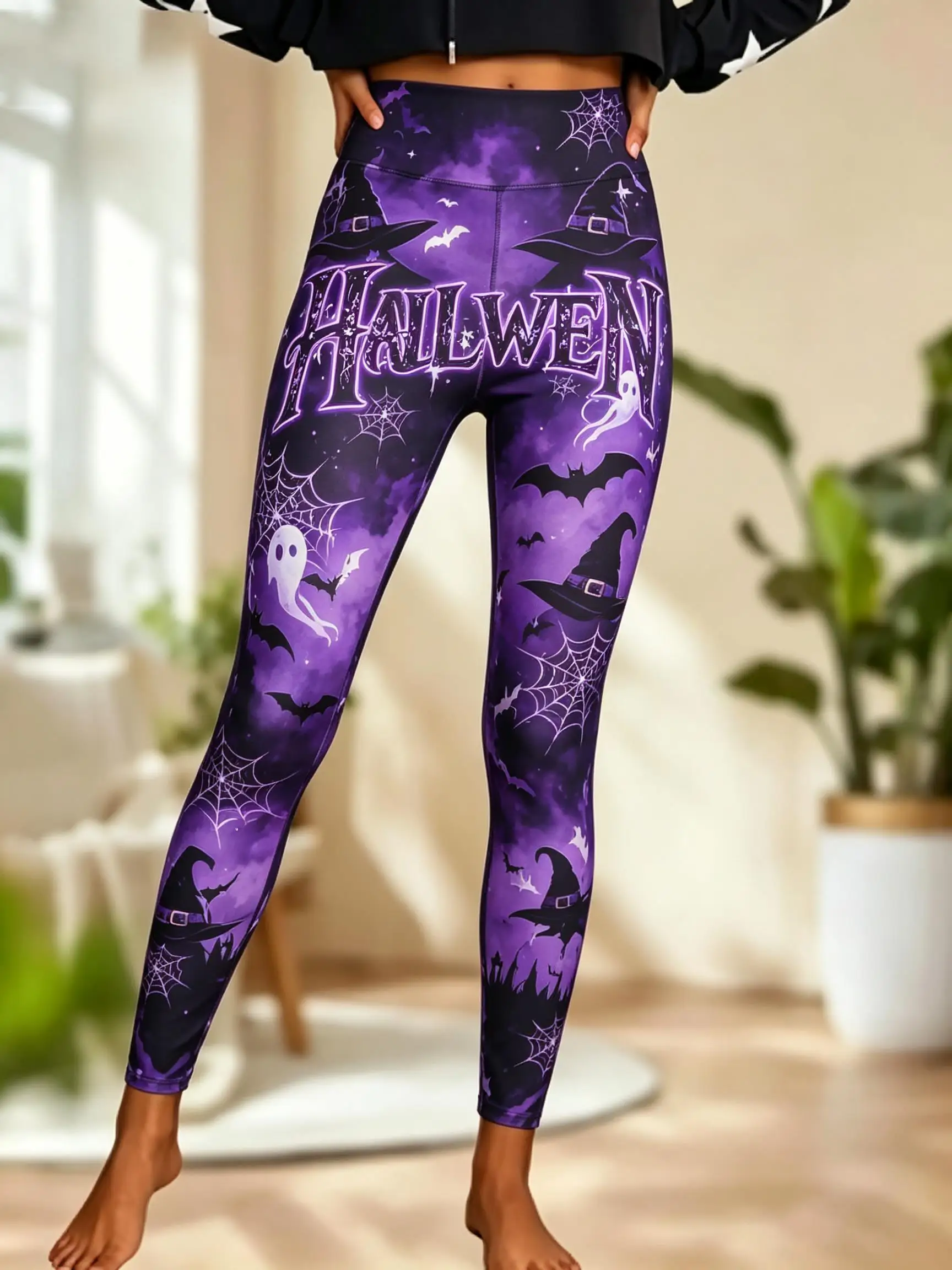 Women Halloween Fleece Mid‑Rise Leggings LOVE Letter Pumpkin Witch Hat Bat Spider Web Full Print Stretch Slim Pants