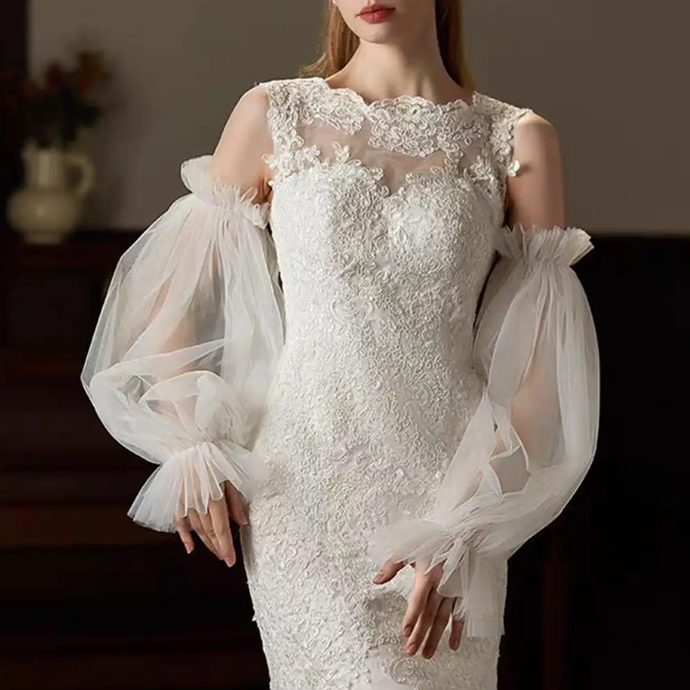 

New 1 Pair Korean Bridal Arm Sleeves Puffy Organza Wedding Long Sleeves Sunscreen Thin Lace Arm Covers Masquerade Gauze Cosplay