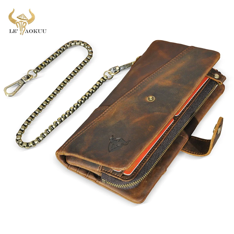 Hot Sale Cattle Crazy Horse Leather Travel Business Organizer Chain RFID Wallet For Men Long Zipper Male Purse Card Holder 1803