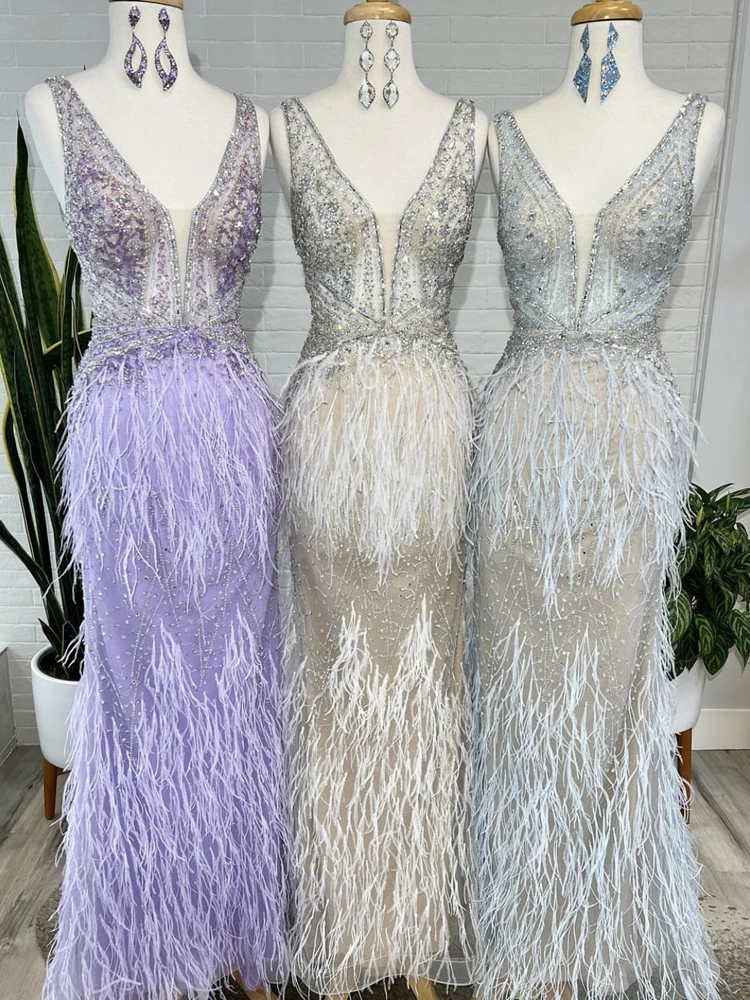 Women Luxury Sleeveless Evening Party Dress Beading Feathers Mermaid Side Slit Backless Wedding Formal Prom Party Gowns Vestidos