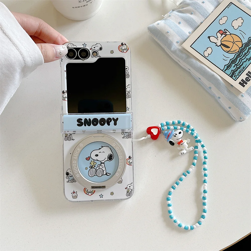 Urocze etui na telefon z kreskówkowym Snoopy dla Samsung Galaxy Z Flip 7 6 Z Flip 7 6 5 4 flip 6 7FE z obrotową podstawką i łańcuszkiem, obudowa Capa — zdjęcie produktu 2