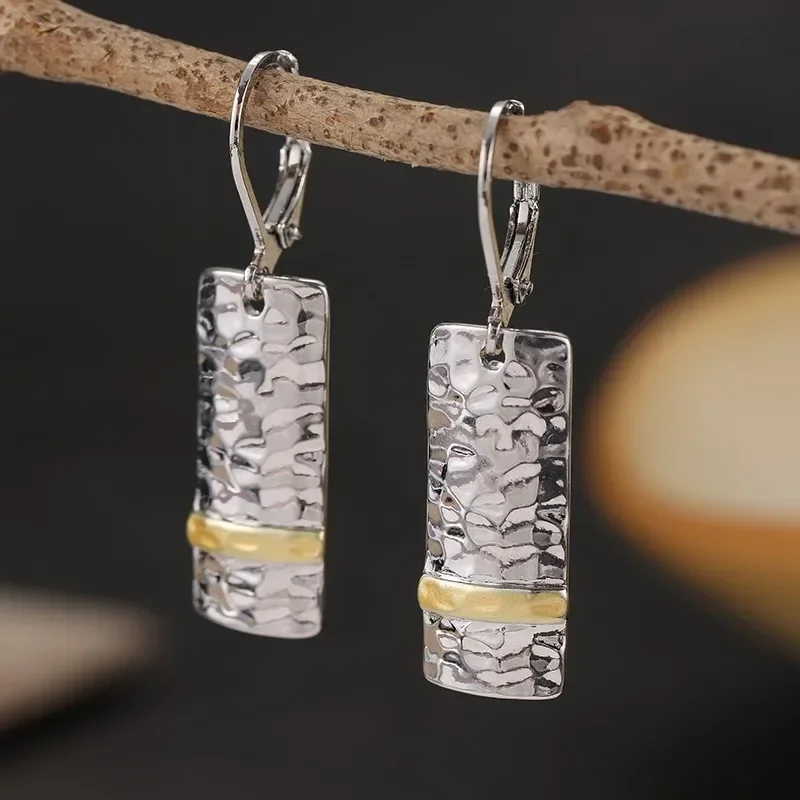Handmade Hammer Pattern Rectangular Label Earrings Two Tone Silver Gold Color Wrapping Bar Earrings Minimalist Women's Earrings