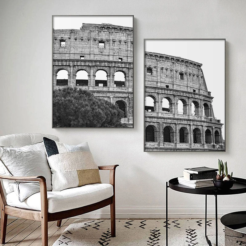 أبيض وأسود إيطاليا الكولوسيوم قماش اللوحة الملصقات روما القديمة نصب Colosseo الكلاسيكية جدار الفن صورة غرفة المعيشة ديكور