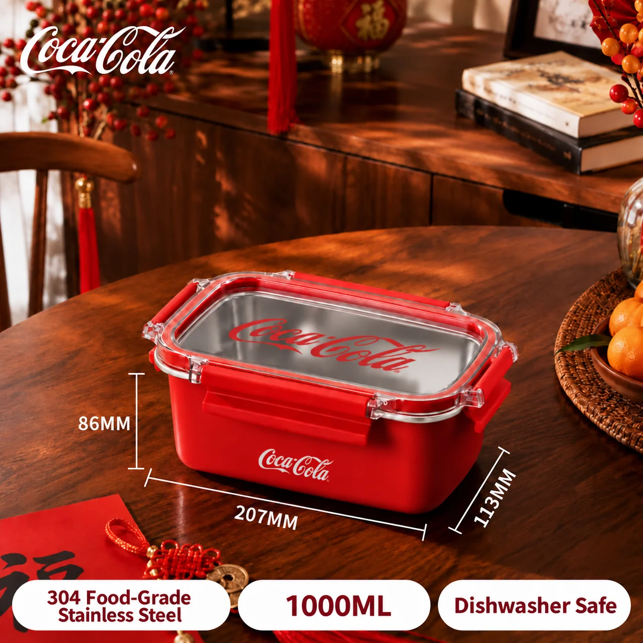 Coca Cola 304 roestvrijstalen lunchbox, lekvrij, makkelijk schoon te maken, draagbare bentobox voor kantoor, school, picknick, kamperen, kerstcadeaus