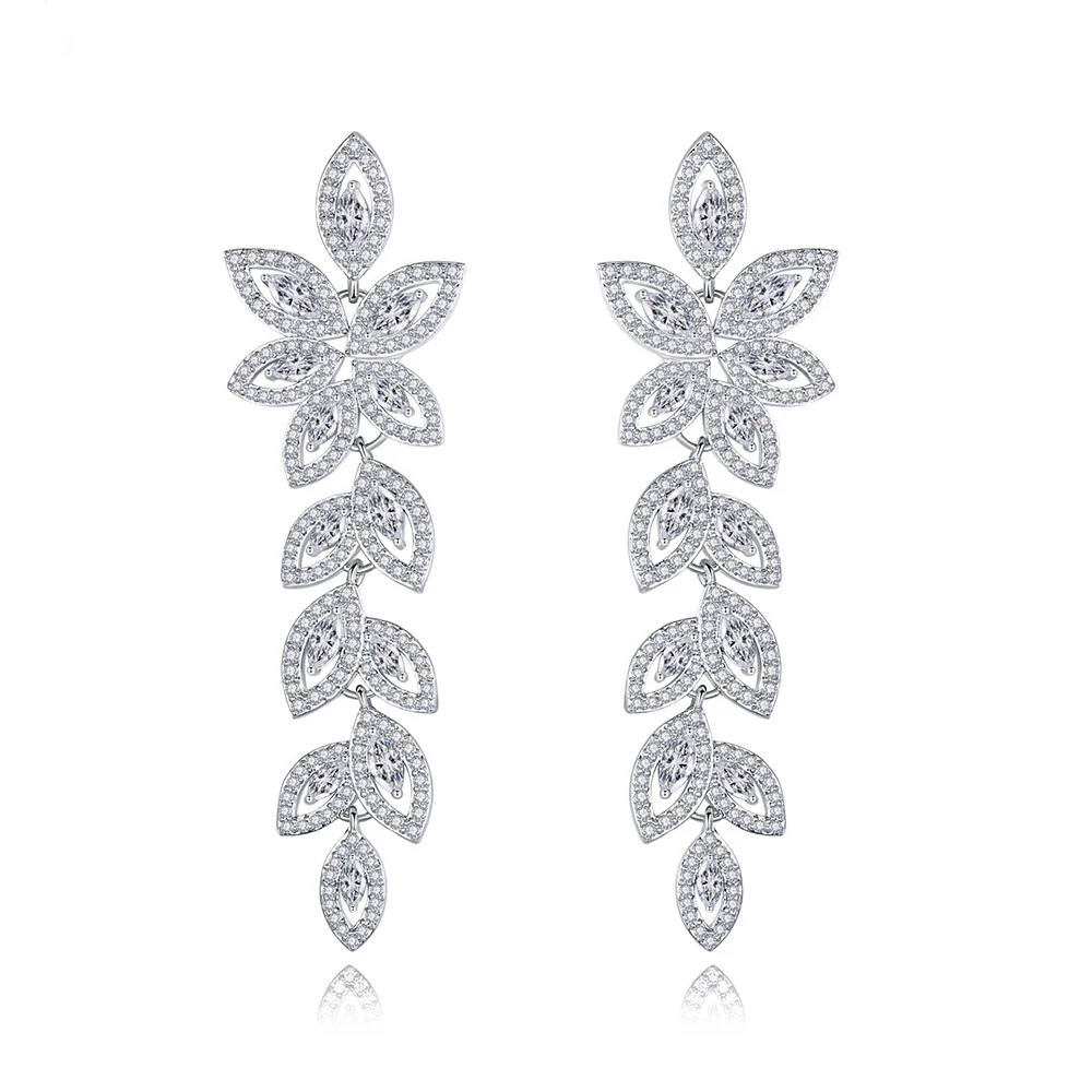 

ThreeGraces Luxury Sparkling Cubic Zirconia Long Leaf Drop Dangle Bridal Wedding Earrings for Women Daily Party Jewelry E1240