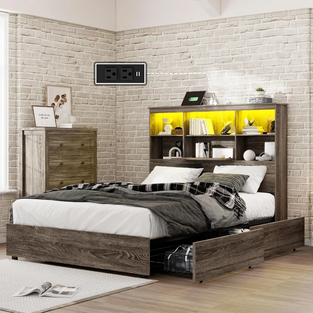 

Bed Frame with LED Bookcase Headboard, Wooden Storage Bed with Charging Station & 4 Drawers, No Box Spring Needed