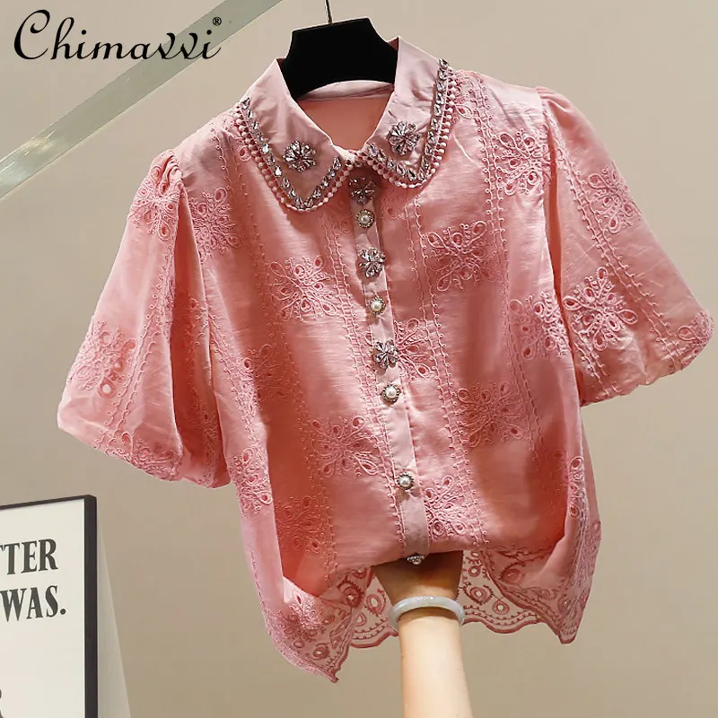 

French Fashion Retro Lace Beaded Puff Sleeve Blouse New 2026 Summer Clothes Women Slim Fit Elegant Versatile Shirts Tops