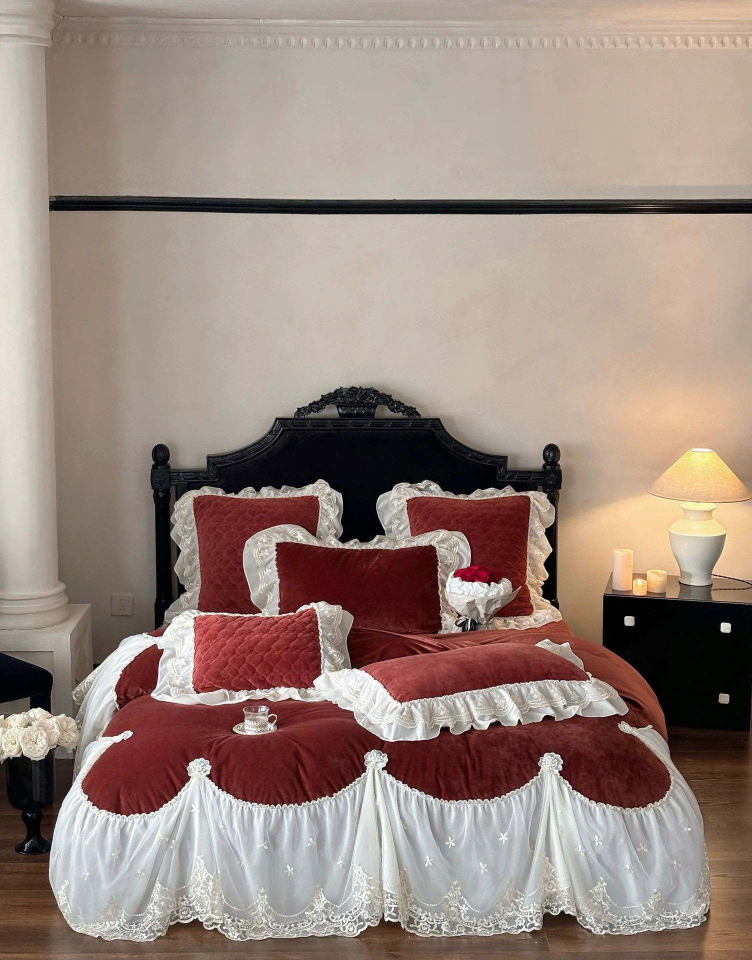 

Newly-married Bedding Wedding Lace Three-dimensional Flower Bed Cover Pillowcase Bed Skirt High-grade Bed Sheet French Romantic