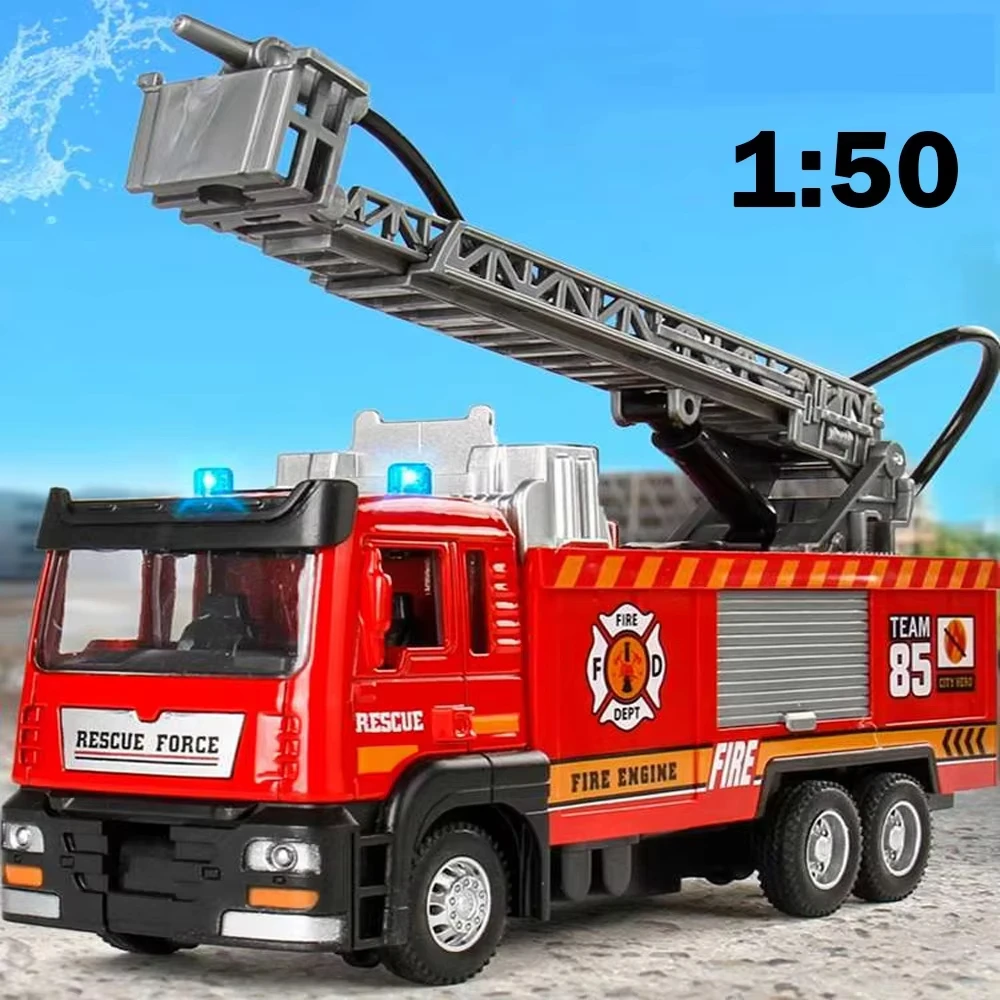 

1:50 Fire Truck Alloy Diecast Simulation Sprinkler Toy with Light Music Water Spray Rescue Car Children's Toy Firefighter Truck