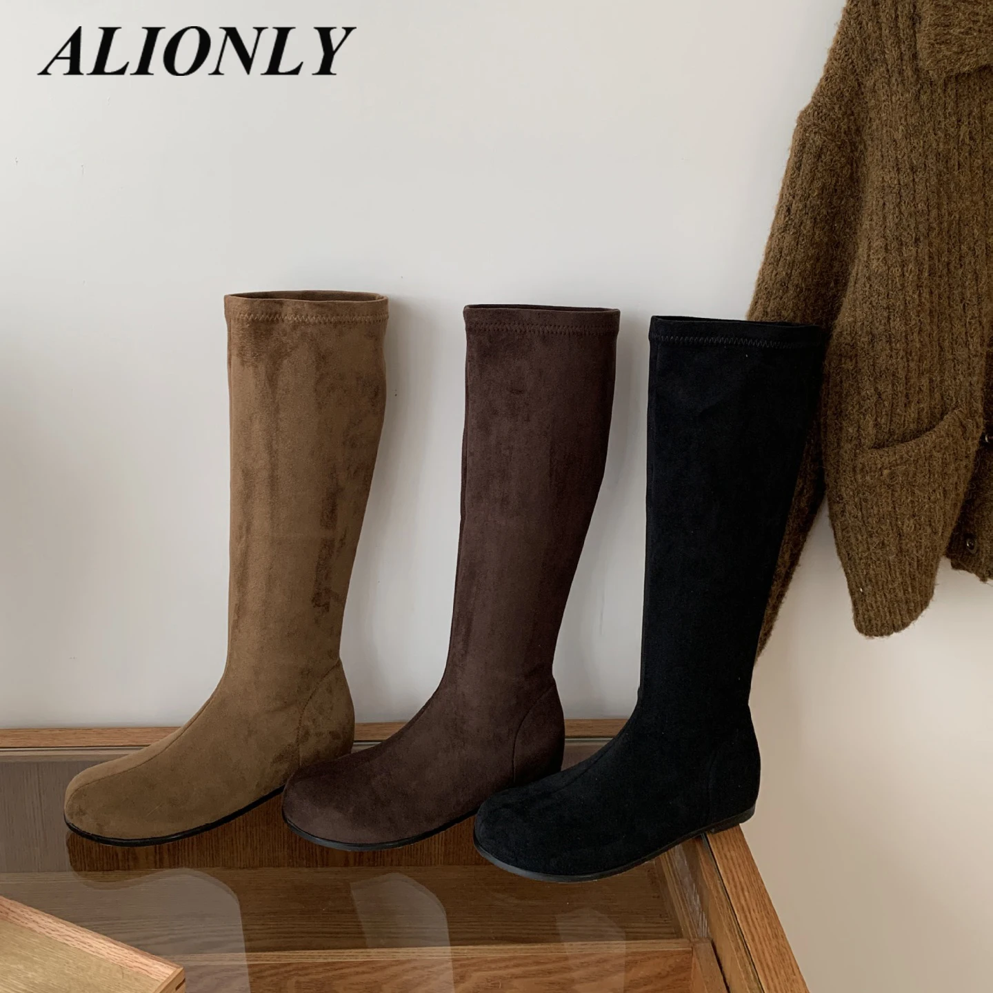 

Alionly 2026 New Pointed Toe Knee-High Boots Woman Wedges High Heels Shoes Autumn Winter Botas Largas De Mujer