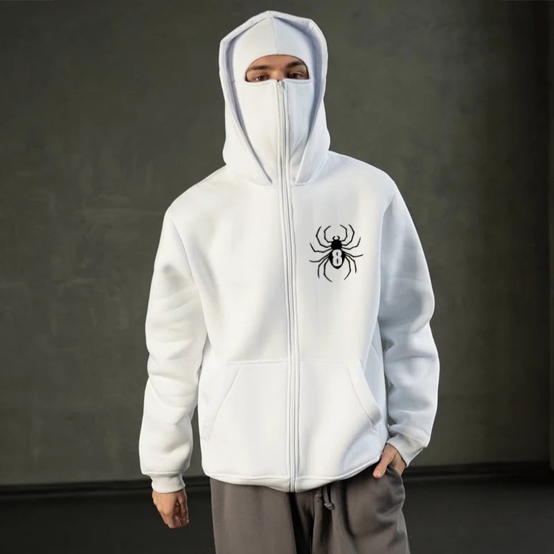 Spring Men Women White Zip Hoodie Face Mask Spider Pattern Print High Street Casual Unisex Style Loose Sweatshirts Outerwear