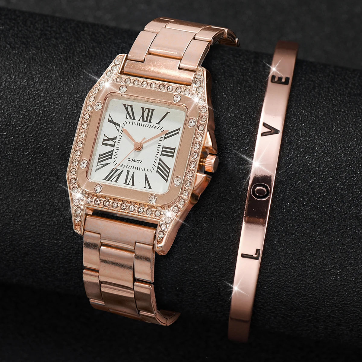 2PCS Fashion Square Women Watches Luxury Rhinestone Steel Band Ladies Quartz Watch Bracelet Set Reloj Mujer（Without Box）