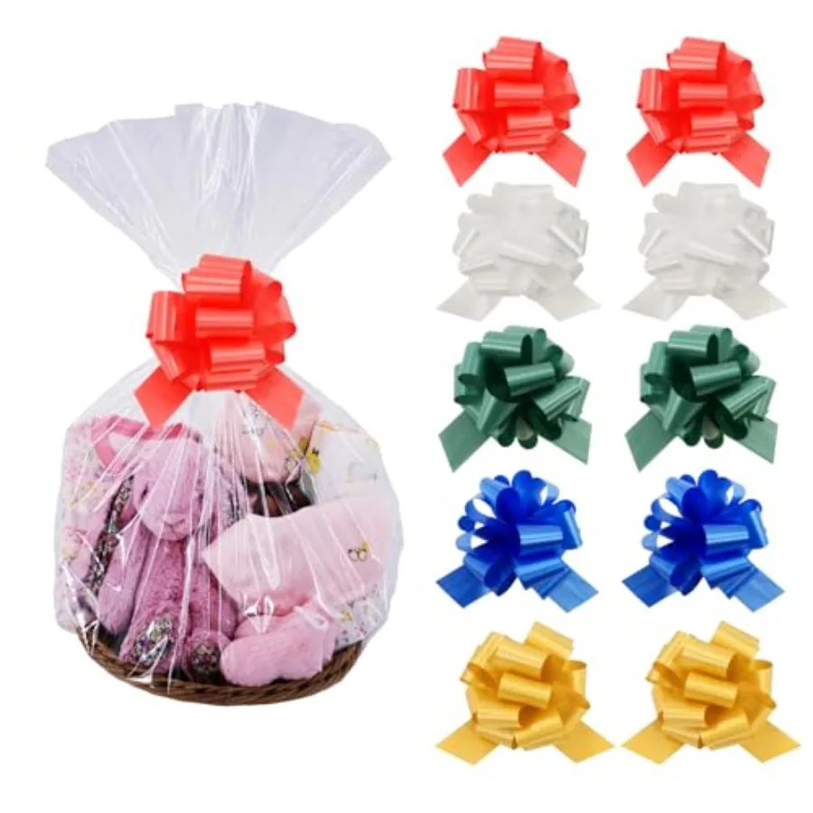10-Pack Clear Cellophane Bags with Large Pull Bows, - Complete Gift Wrapping Kit for Baskets, Presents and Favors
