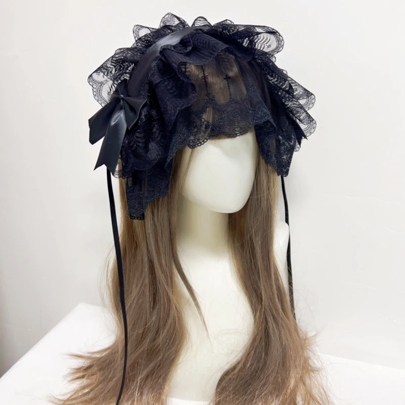 Diadema de velo gótico de Lolita hecha a mano, estilo de lazo Vintage blanco y negro para mujer, trajes elegantes de uso diario y Cosplay