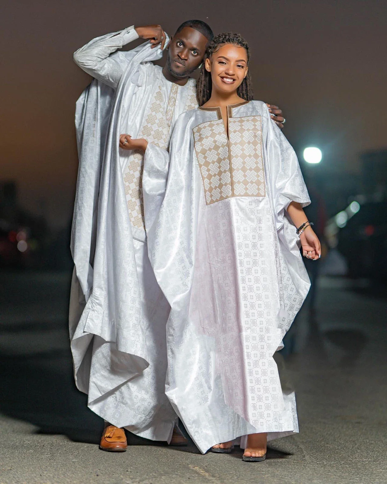 African Dresses For Couples Traditional  Bazin Embroidery Dresses Floor Length Dress With Scarf Couple Design