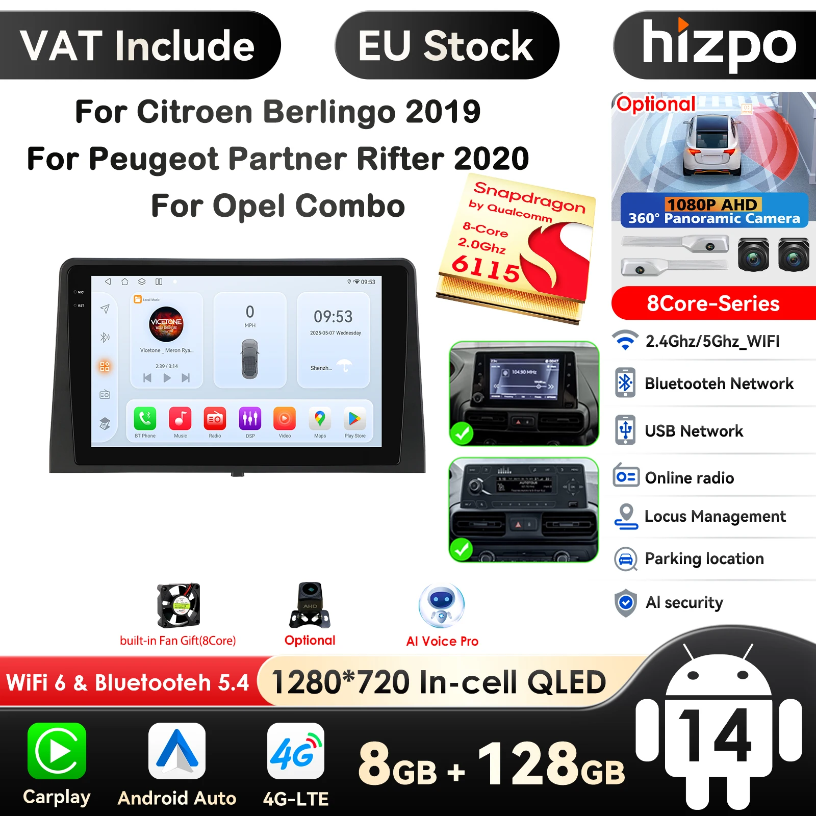 Hizpo 10.1 Carplay 4G 2 Din Android 14 Autoradio für Citroen Berlingo 2019, für Peugeot Partner Rifter 2020, für Opel Combo Multimedia-Videoplayer GPS DSP WIFI AI Intelligente Systeme Autoradio Stereo